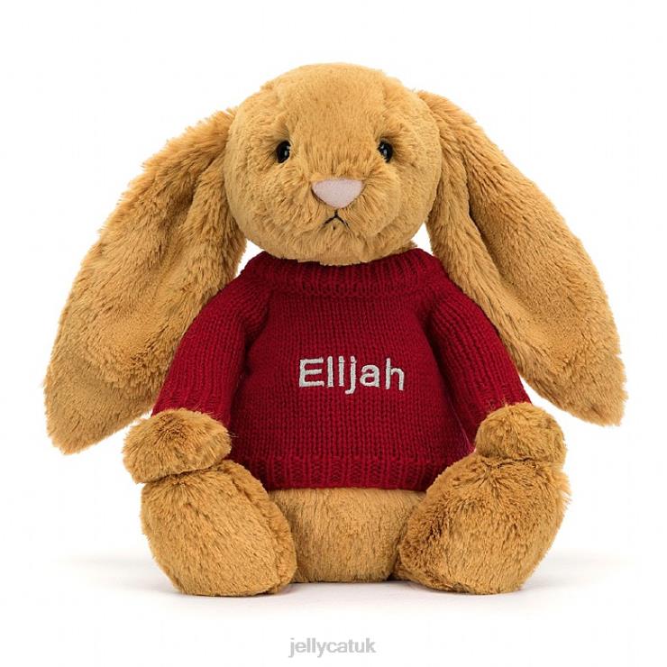 Jellycat Toy V248Z333 Bashful en Bunny with Personalised Red Jumper Gold