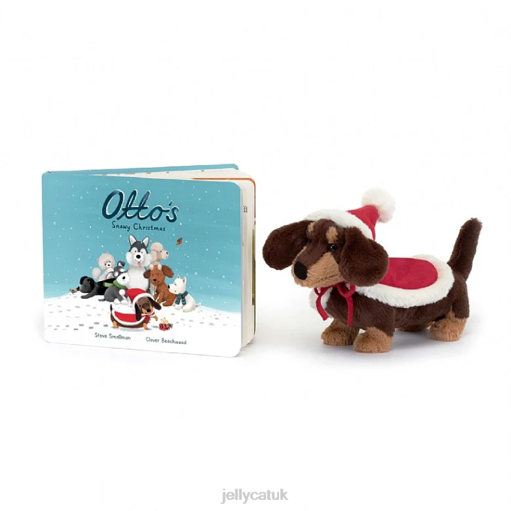 Jellycat Book V248Z305 Otto's Snowy Christmas Book & Winter Warmer Otto Sausage Dog Brown