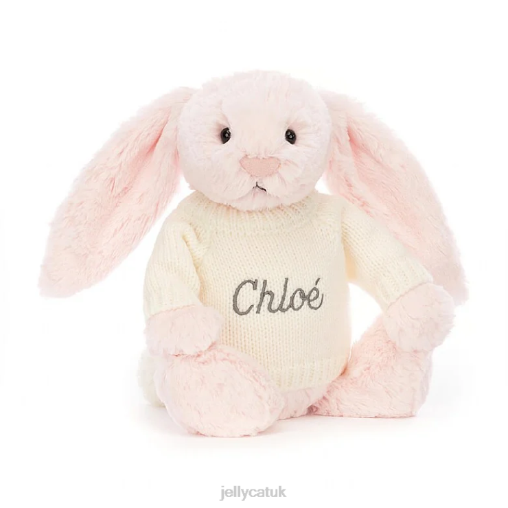 Jellycat Toy V248Z159 Bashful Pink Bunny with Personalised Cream Jumper Baby Pink