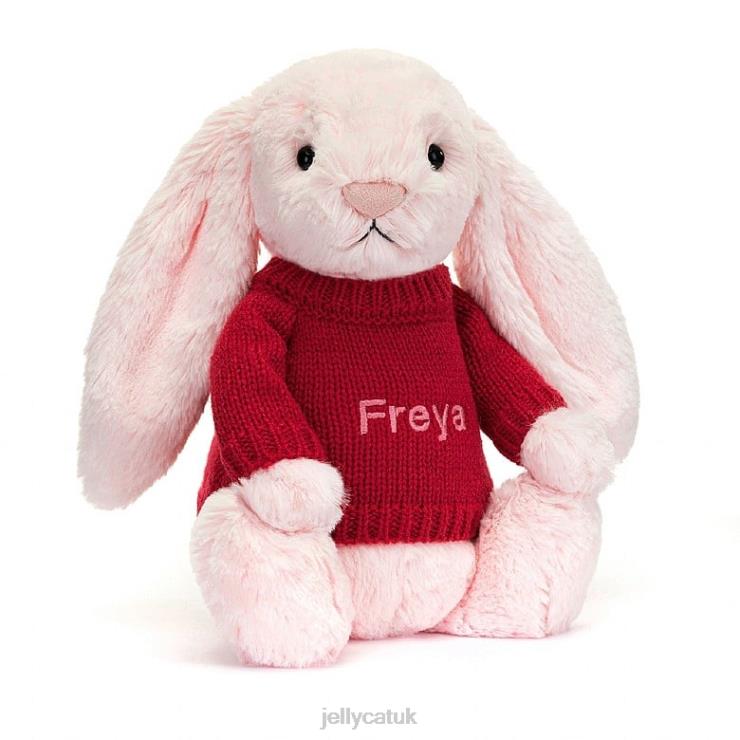 Jellycat Toy V248Z172 Bashful Pink Bunny with Personalised Red Jumper Baby Pink
