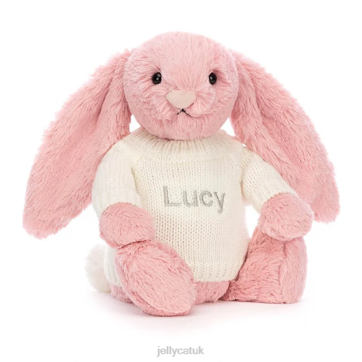 Jellycat Toy V248Z243 Bashful Petal Bunny with Personalised Cream Jumper Sorbet Pink