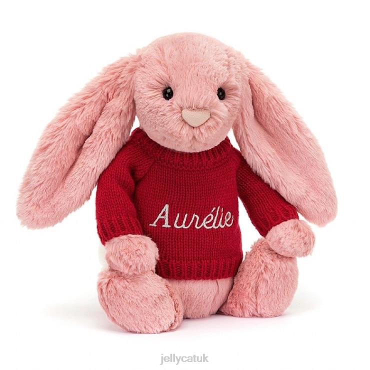 Jellycat Toy V248Z299 Bashful Petal Bunny with Personalised Red Jumper Sorbet Pink