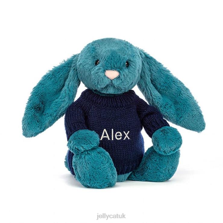 Jellycat Toy V248Z316 Bashful Mineral Blue Bunny with Personalised Navy Jumper Colbalt Blue