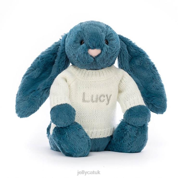Jellycat Toy V248Z330 Bashful Mineral Blue Bunny with Personalised Cream Jumper Colbalt Blue