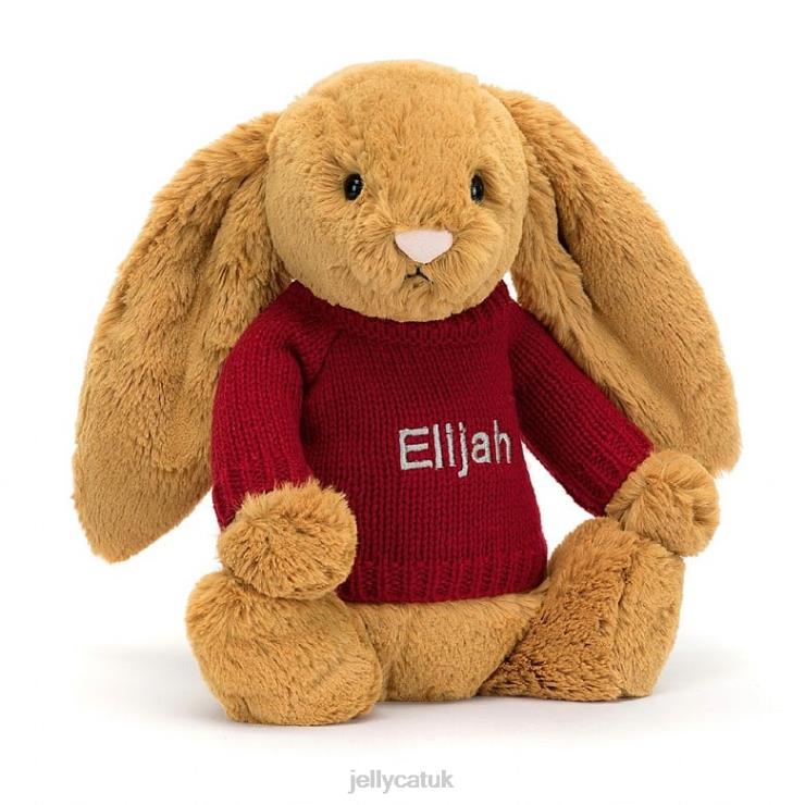 Jellycat Toy V248Z333 Bashful en Bunny with Personalised Red Jumper Gold