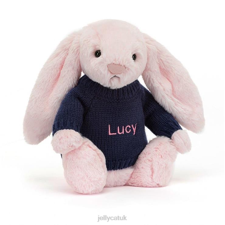 Jellycat Toy V248Z398 Bashful Pink Bunny with Personalised Navy Jumper Baby Pink