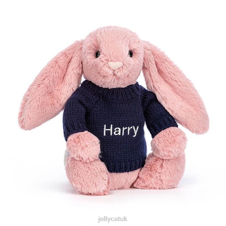 Jellycat Toy V248Z413 Bashful Petal Bunny with Personalised Navy Jumper Sorbet Pink