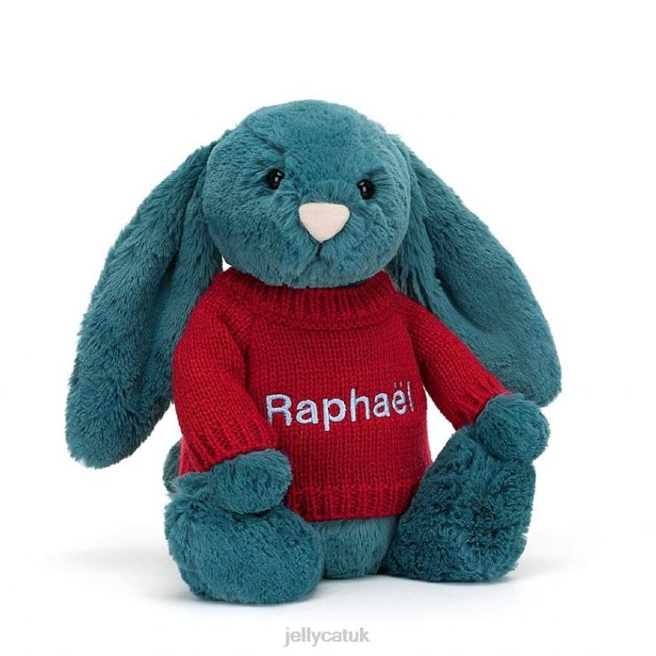Jellycat Toy V248Z415 Bashful Mineral Blue Bunny with Personalised Red Jumper Colbalt Blue