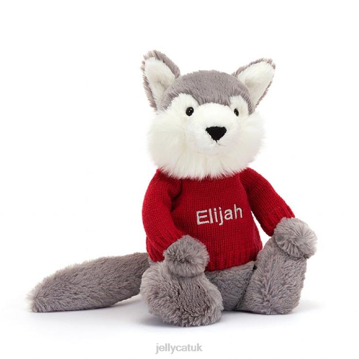Jellycat Toy V248Z241 Bashful Wolf with Personalised Red Jumper Grey and White