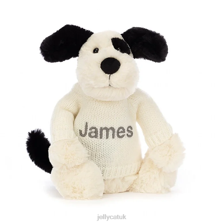Jellycat Toy V248Z256 Bashful Black & Cream Puppy with Personalised Cream Jumper Black and White