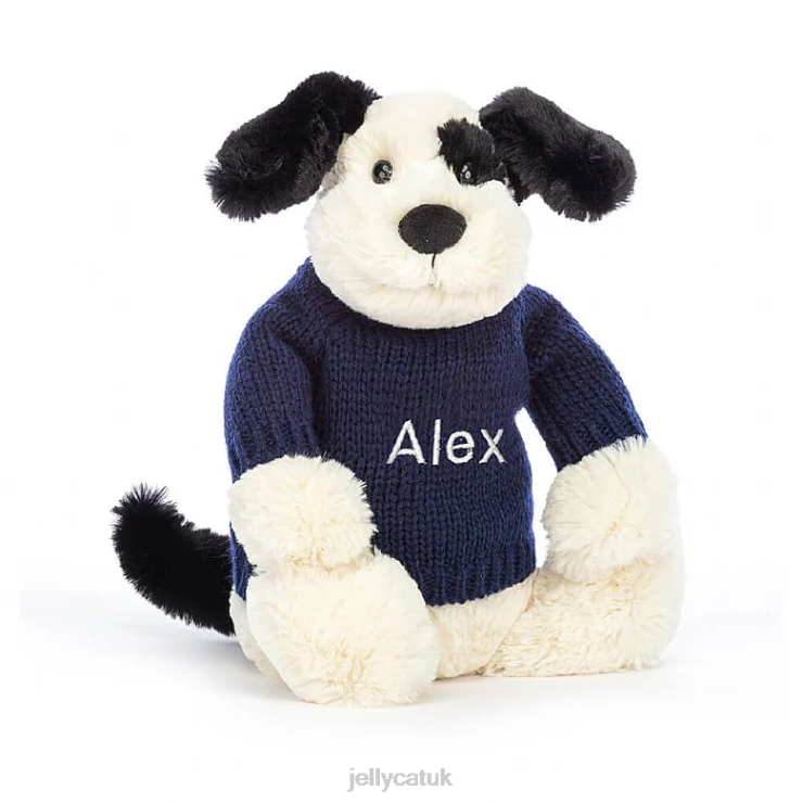 Jellycat Toy V248Z282 Bashful Black & Cream Puppy with Personalised Navy Jumper Black and White