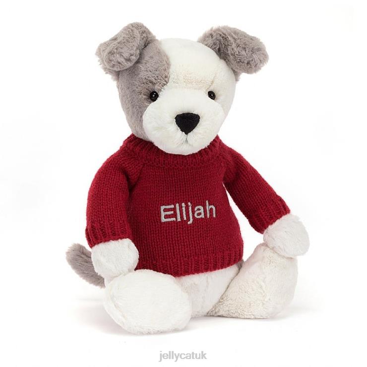 Jellycat Toy V248Z515 Bashful Terrier with Personalised Red Jumper Grey and White
