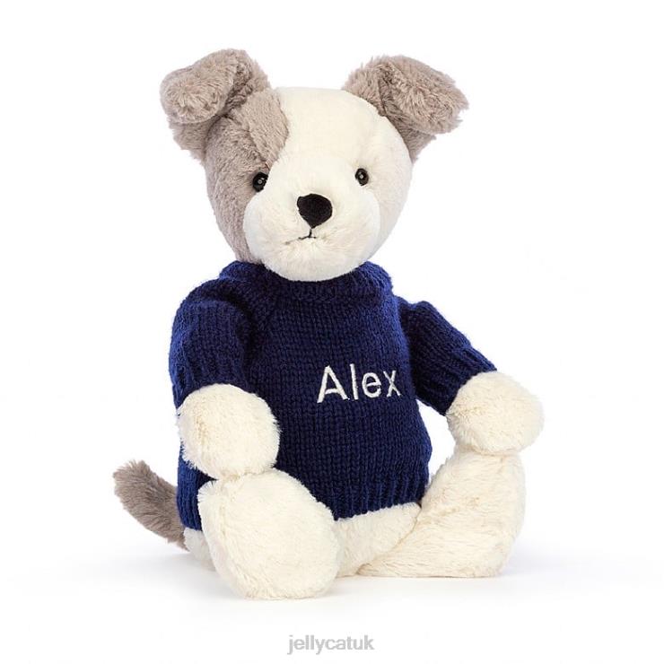 Jellycat Toy V248Z516 Bashful Terrier with Personalised Navy Jumper Grey and White