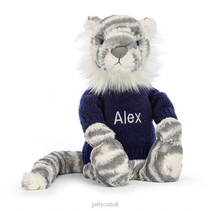 Jellycat Toy V248Z579 Bashful Snow Tiger with Personalised Navy Jumper Grey and White