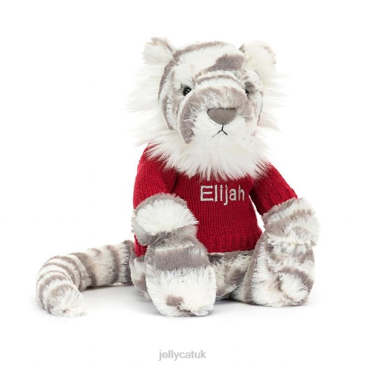 Jellycat Toy V248Z581 Bashful Snow Tiger with Personalised Red Jumper Grey and White